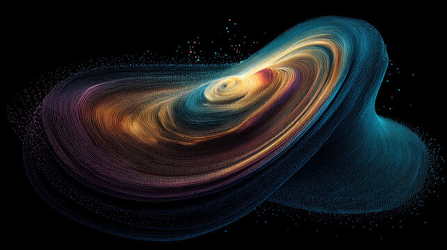 An algorithmic swirl resembles a digital galaxy symbolizing complexity data flow and the beauty of structured information representing abstract technology and futuristic computational design