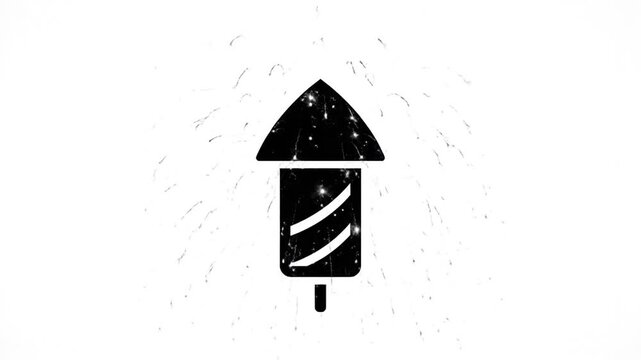 A monochrome illustration features a stylized rocket surrounded by bursts of light