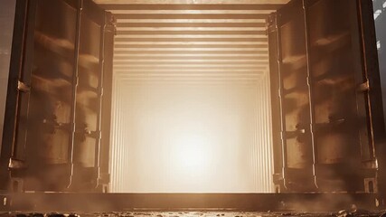 Mysterious bright light shines from within an open industrial freight container, a metaphor for opportunity and a fresh start