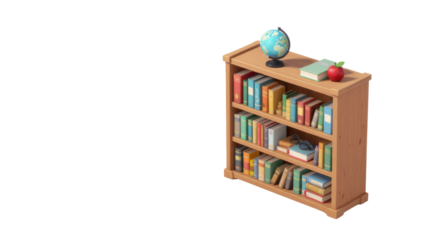 Stylized wooden bookshelf with three shelves of colorful books a globe an apple and glasses.