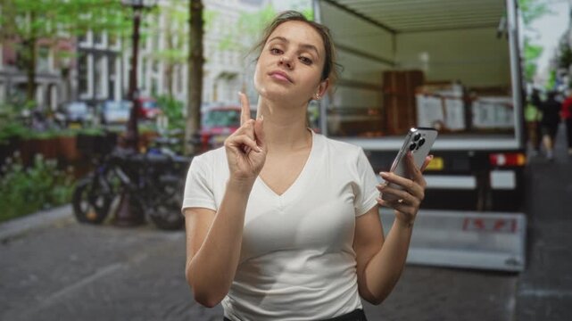 Woman holding smartphone with finger pointing upward on street near delivery truck and bicycles; confidence independence.