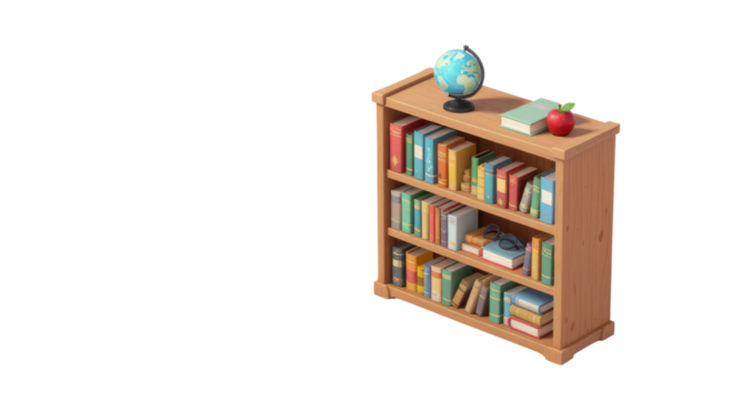 Stylized wooden bookshelf with three shelves of colorful books a globe an apple and glasses.