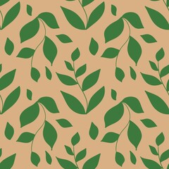 Seamless Hand Drawn Green Leaf Pattern on Beige Background