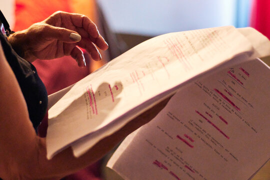 View of a film script in an audiovisual production, with a close-up of its words, corrections, highlighting, reading, etc. to record a scene