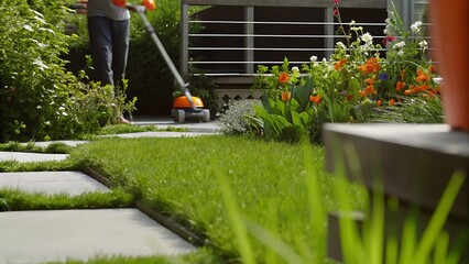 Person using an edge trimmer on grass growing between stone pavers in a garden with flowers nearby