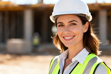 Confident smiling female engineer with hard hat and high-visibility vest at a sunny construction site, portraying professional success and safety.