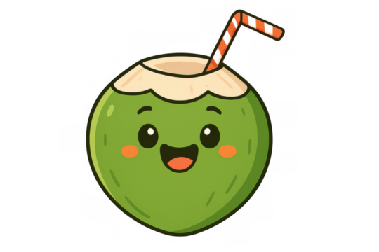 Happy cartoon young coconut drink with straw, a kawaii tropical fruit beverage illustration for summer fun