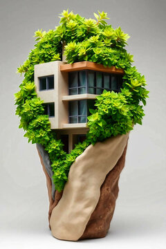 Clay Sculpture of Modern Building with Green Plants &ndash; Eco Architecture Art Design