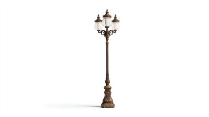 Antique-style street lamp with three light globes.  Ornate, bronze-colored metal pole and finials.  Clear glass lampshades.  Isolated on white background