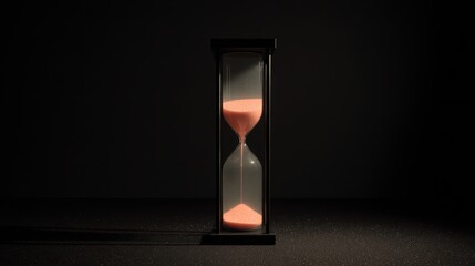 Elegant hourglass with pink sand on dark background symbolizing time and patience