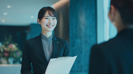 受付でお客様を出迎える接客スタッフの笑顔の写真