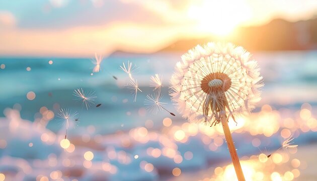 Dandelion Seeds Blowing in the Wind on a Sunny Beach with Sparkling Ocean Waves at Sunset - Powered by Adobe