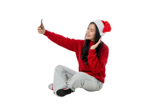 Woman in red sweater takes a winter selfie, isolated, PNG