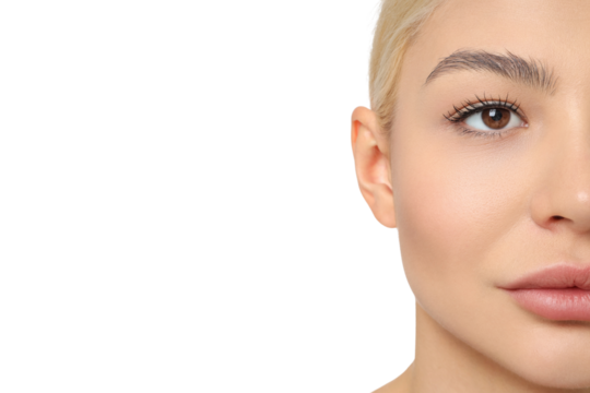 Confident young woman with flawless skin, isolated on white, PNG