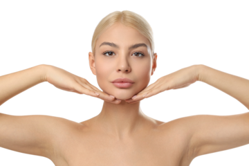 Model demonstrates skin care techniques, isolated on white, PNG