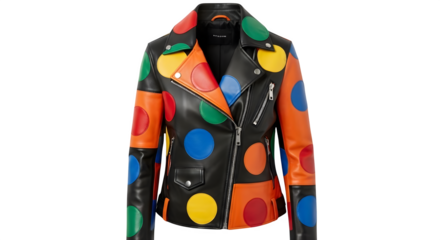 Bold style statement with a vibrant multicolor polka dot leather biker jacket, a fashion-forward essential for expressing individuality and confidence
