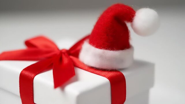 A white rectangular gift box is adorned with a vibrant red satin ribbon tied into a bow. A small, fluffy Santa hat sits atop the ribbon, adding a festive holiday touch. Simple, clean background.