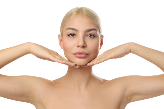 Model demonstrates skin care techniques, isolated on white, PNG