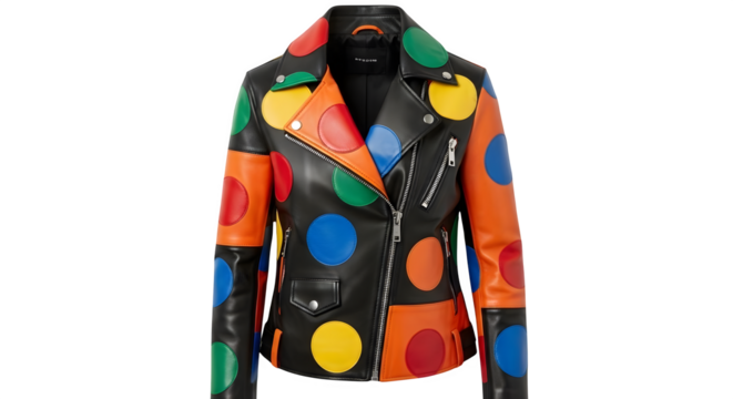 Bold style statement with a vibrant multicolor polka dot leather biker jacket, a fashion-forward essential for expressing individuality and confidence