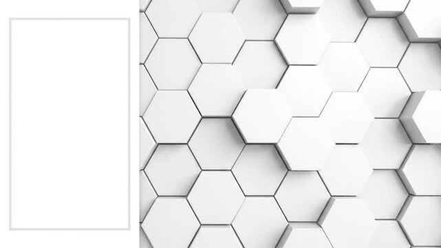 A 3D rendering of white hexagonal tiles in a repeating pattern. Also a white frame