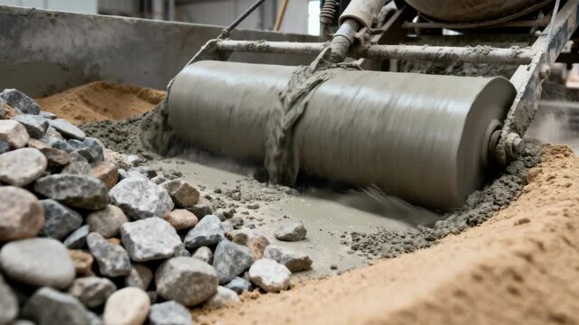 Medium shot capturing the blending of a lean concrete mix with more aggregate focusing on economical material use for lightweight applications.