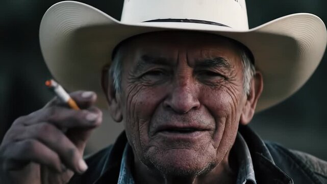 Closeup of an elderly cowboy with a weathered face and a white hat smoking a cigarette and looking thoughtfully into the distance capturing a moment of quiet contemplation and rugged individualism.