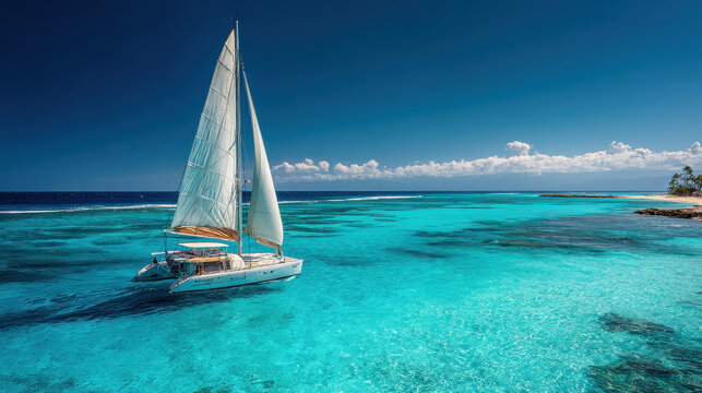 Sailboat with white sails floating on crystal clear turquoise ocean water near tropical island under bright blue sky with scattered white clouds on sunny day