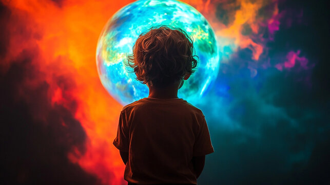 Back of a child looks at a holographic globe symbolizing curiosity learning and global awareness representing imagination exploration and the wonder of discovering the world through technology