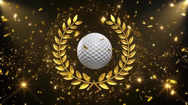  Rotating Golf Ball with Golden Laurel Wreath and Falling Confetti　黒地に金色の月桂冠と回転するゴルフボール、降り注ぐ金色の紙吹雪と輝くライト　動画