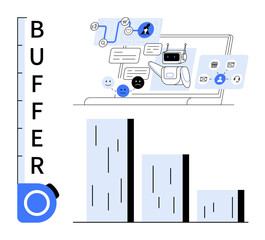 Growth bar beside laptop with chatbot, messages, user icons, and engaging emotions. Ideal for automation, communication, analytics, productivity, planning marketing user experience simple flat
