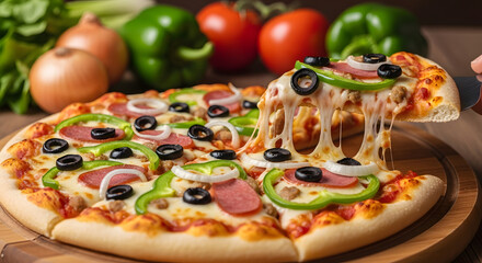 Savor the moment a hot, cheesy pizza slice with vibrant toppings, featuring an impressive, stretchy cheese pull, promising a delightful and satisfying meal