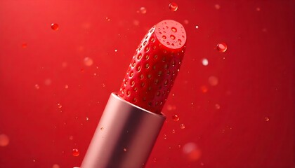 Luscious strawberry lipstick with water droplets, a modern beauty concept that evokes vibrant color and freshness for cosmetic campaigns and lifestyle brands