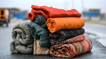 A large stack of diverse colorful blankets and textiles neatly piled on a wet outdoor surface
