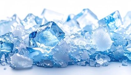 Close up macro shot of glistening ice cubes and crushed ice fragments scattered across a clean white background casting subtle blue and white light in soft shadows