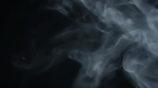 Delicate plumes of white smoke gracefully curl and drift against a deep, dark backdrop, forming abstract, ethereal shapes and patterns with a mysterious and artistic feel.
