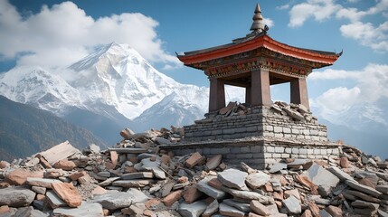 Traditional stone temple structure surrounded by rubble majestic snow capped mountains under a clear blue sky
