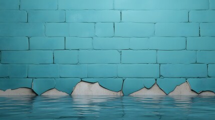 Turquoise painted brick wall with significant paint peeling at its base partially submerged in calm reflective water