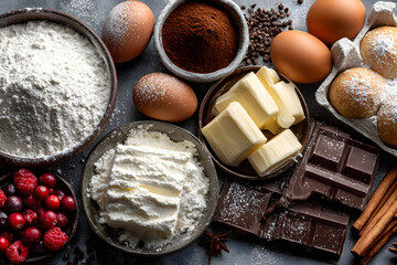 Fototapeta premium Christmas holiday baking background. Ingredients for the holiday cake on gray background, top view, copy space.