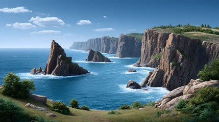 Stunning coastal landscape featuring towering cliffs rugged sea stacks and deep blue ocean waters under a clear sky