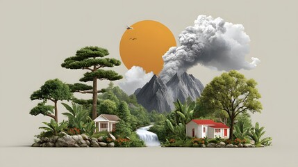 Stylized miniature landscape features a waterfall two houses dense trees an erupting volcano and a large sun