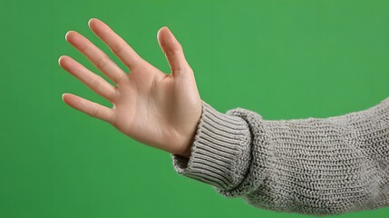 Human hand with open palm and spread fingers extending from arm in grey knitted sweater against green background