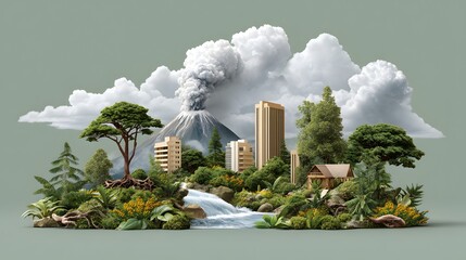 Detailed natural and urban environment with an erupting volcano skyscrapers a flowing waterfall and lush trees