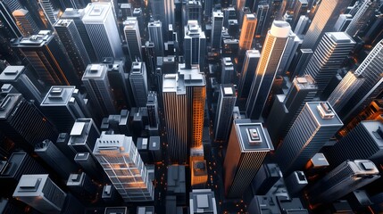 High angle view of a modern metropolis with numerous skyscrapers and illuminated tall buildings showcasing urban density