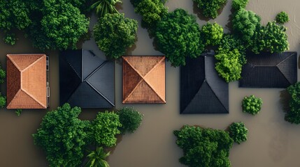 Aerial view of residential house rooftops and lush green trees submerged in widespread muddy floodwaters