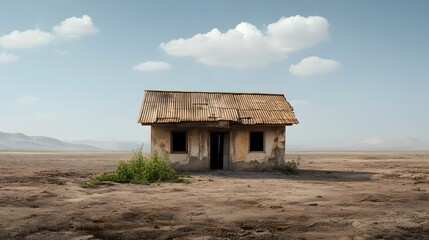 A solitary dilapidated house featuring a corrugated metal roof stands isolated in a vast dry desert landscape