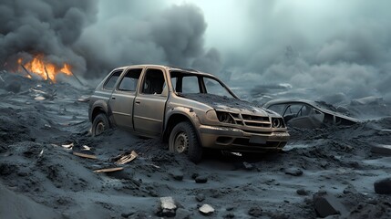 Wrecked SUV partially buried in dark muddy terrain with a fiery inferno and dense smoke rising under a grim sky
