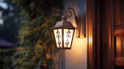A glowing, ornate wall-mounted lantern lights up a wall, partially obscured by greenery. Wooden door beside it. Evening scene