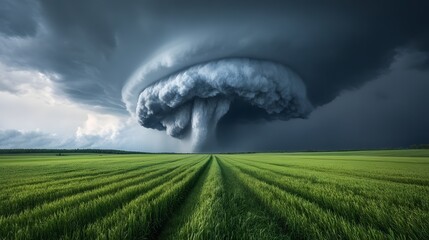 Ominous supercell storm cloud with a large funnel structure descending over a wide verdant green field