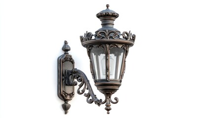 Fototapeta premium Ornate exterior lamp with intricate metalwork & glass panels attached to a wall