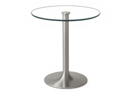 Round glass table with metal base having a modern design, isolated and ready for product placement on transparent background